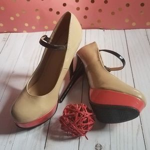 Tan and salmon w/black strap platform heels